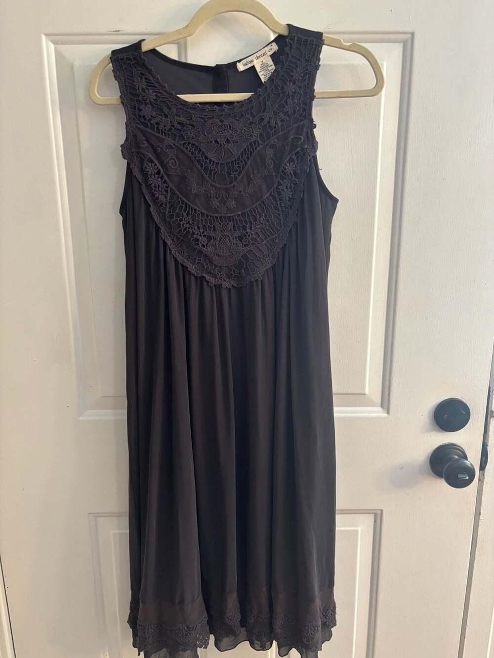 Indigo Thread Co. Black Sleeveless Mini Dress with Crochet Lace Yoke and Back Bu